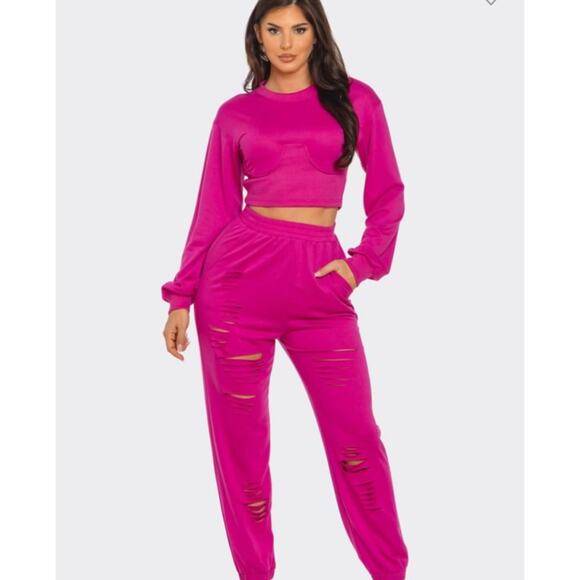 love J Pants - Love J 2-Piece Sweatsuit Pink Sweatshirt + Sweatpants Underwire Size M